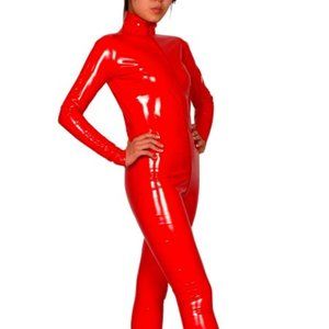 Halloween Unisex Red Front Open PVC Shiny Metallic Catsuit